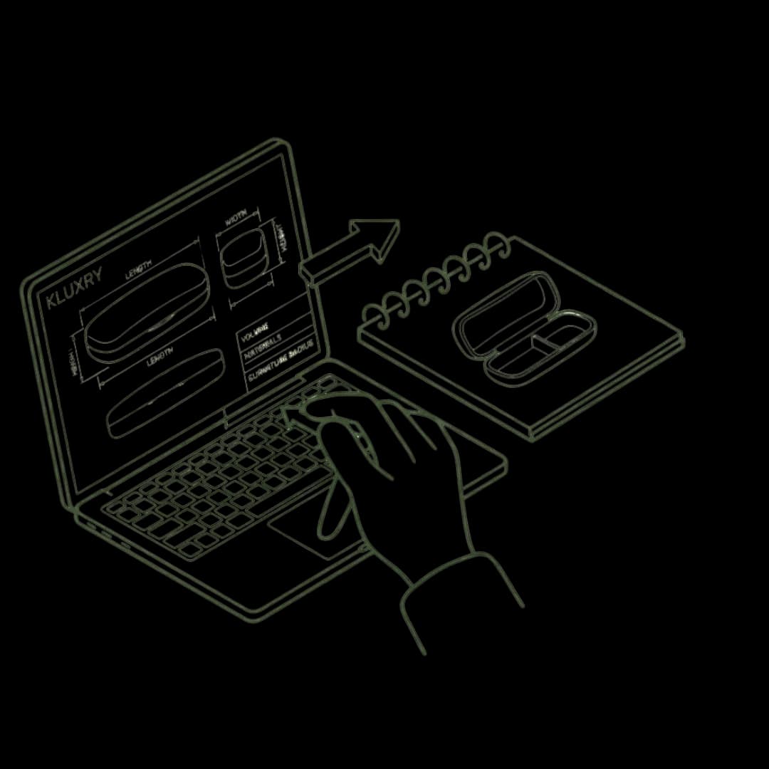 Professional designers using 3D technical blueprints for custom eyewear case prototypes