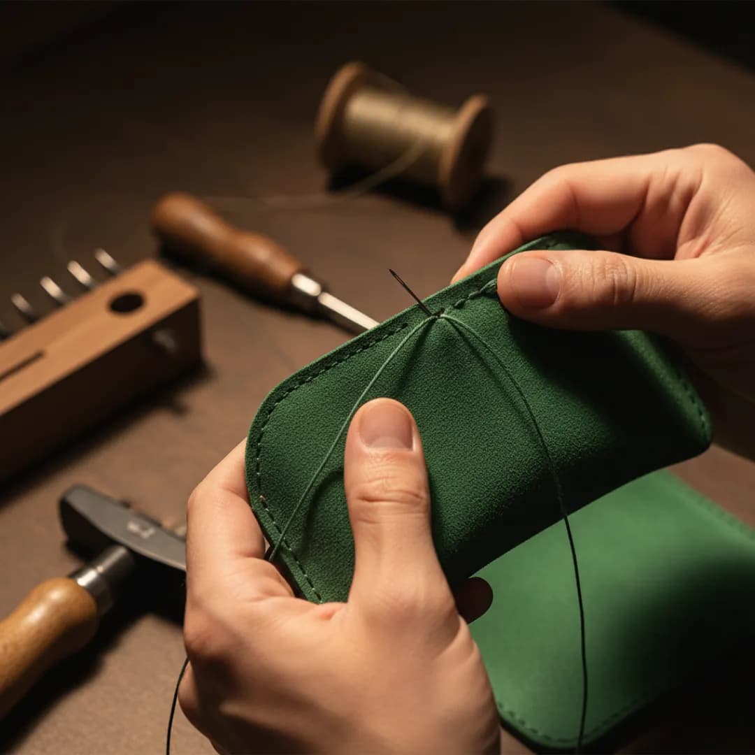 High-precision industrial sewing machine stitching green premium leather, representing Kluxry's advanced manufacturing power