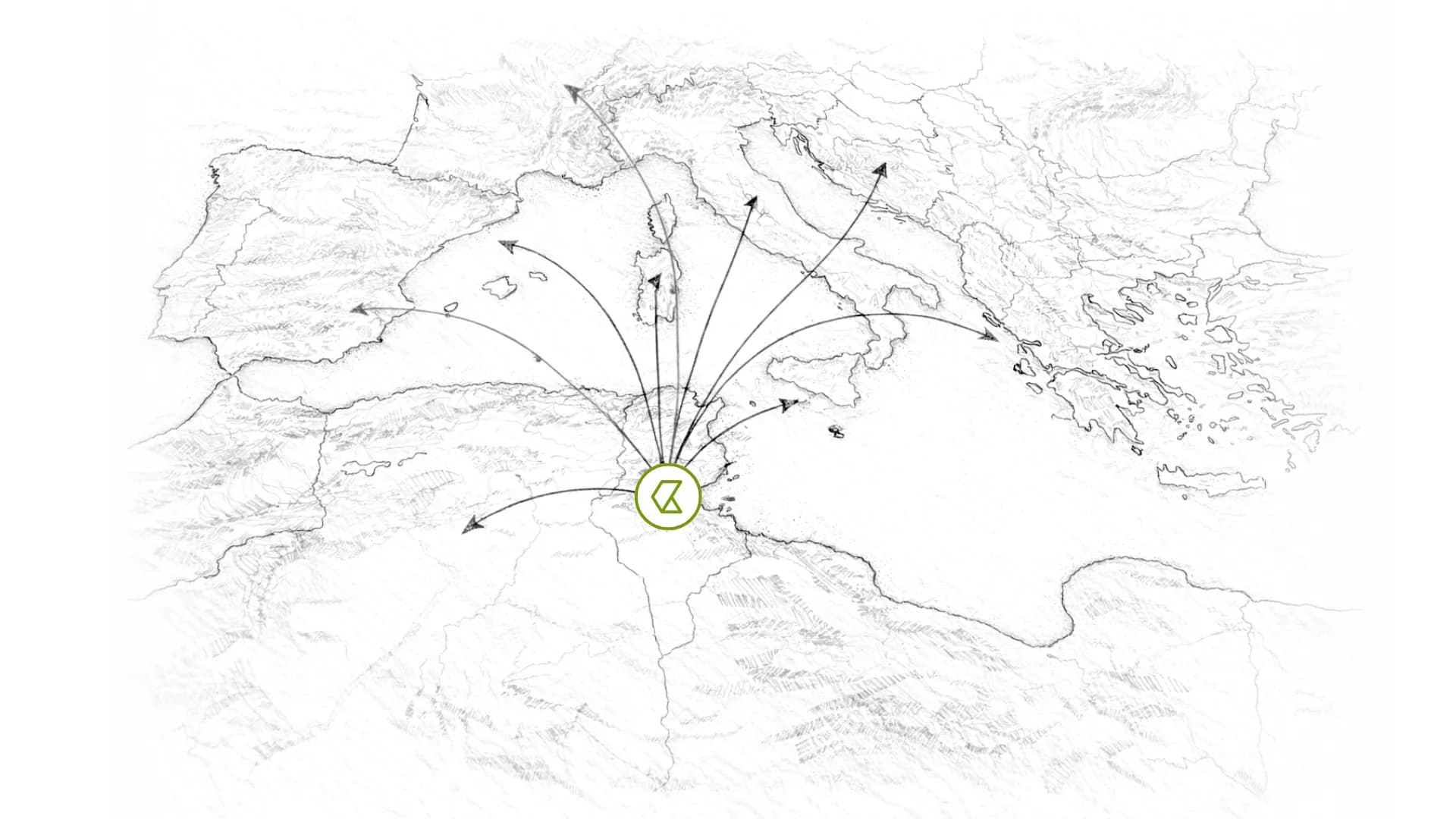 Logistics map showing Tunisia and Europe, highlighting the strategic location and connectivity for Kluxry's eyewear case manufacturing and distribution.